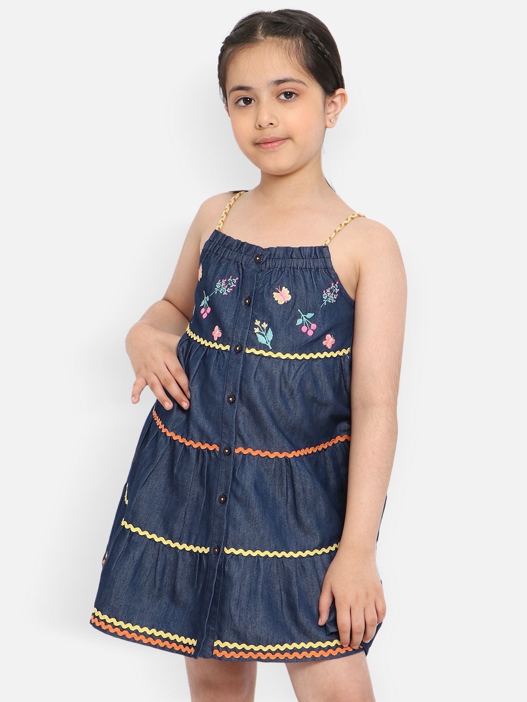 

Nauti Nati Girls Floral Embroidered Tiered Pure Cotton A-Line Dress, Navy blue