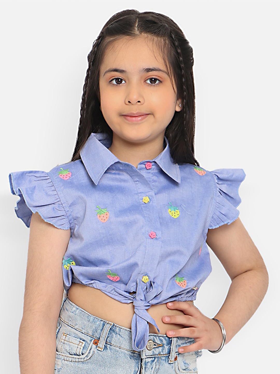 

Nauti Nati Emboidered Flutter Sleeve Pure Cotton Chambray Shirt Style Crop Top, Blue