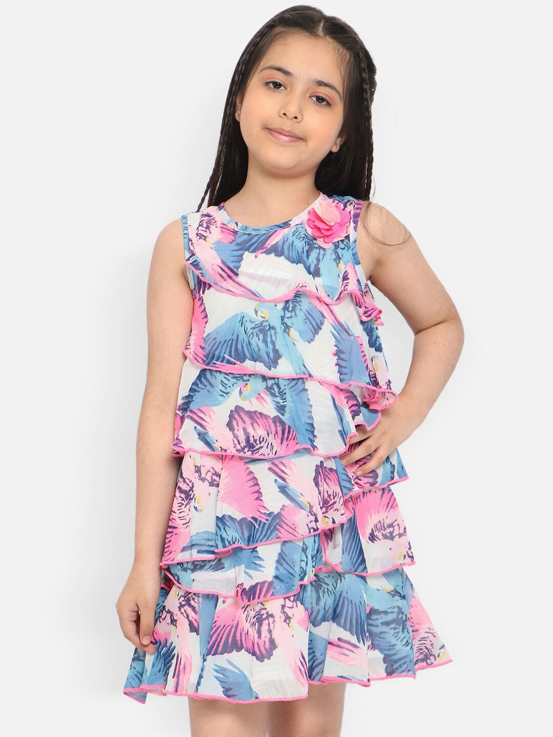 

Nauti Nati Girls Floral Printed Layered Georgette A-Line Dress, Blue