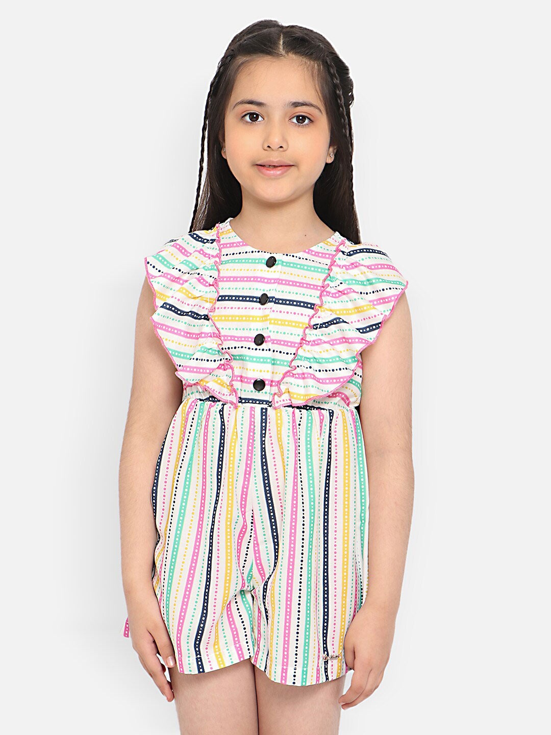 

Nauti Nati Girls Striped with Ruffles Playsuit, White