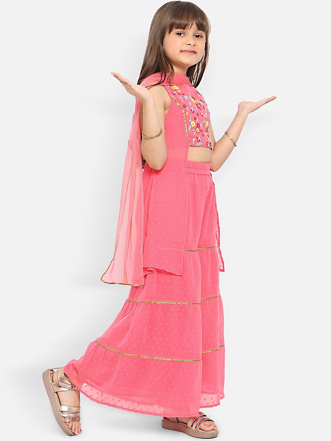 

Nauti Nati Girls Floral Embroidered Panelled Gotta Patti Top With Sharara & Dupatta, Pink