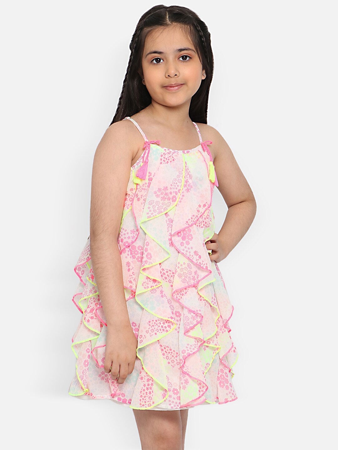 

Nauti Nati Girls Floral Printed Ruffled Georgette A-Line Dress, White