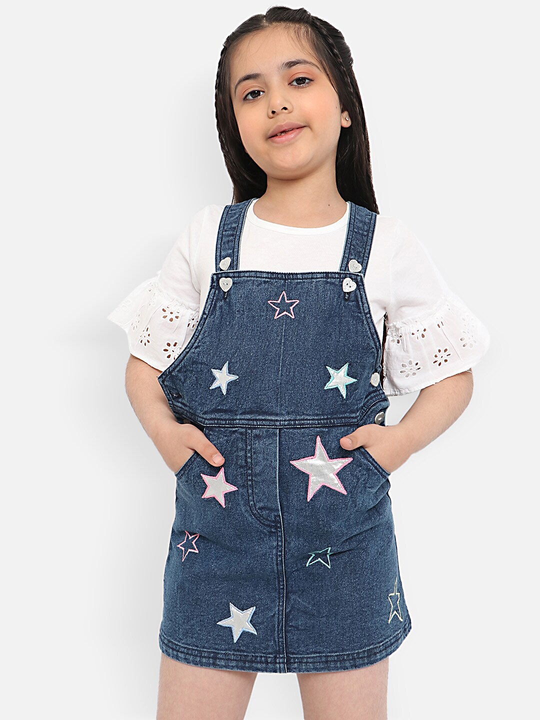 

Nauti Nati Girls Embroidered Pure Cotton Denim Pinafore Mini Dress, Blue