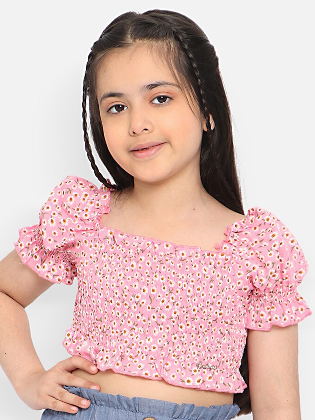 

Nauti Nati Girls Floral Printed Puff Sleeves Crop Top, Pink