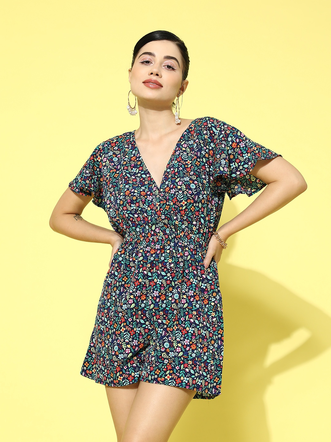 

Berrylush Multicoloured Floral Printed Playsuit, Multi