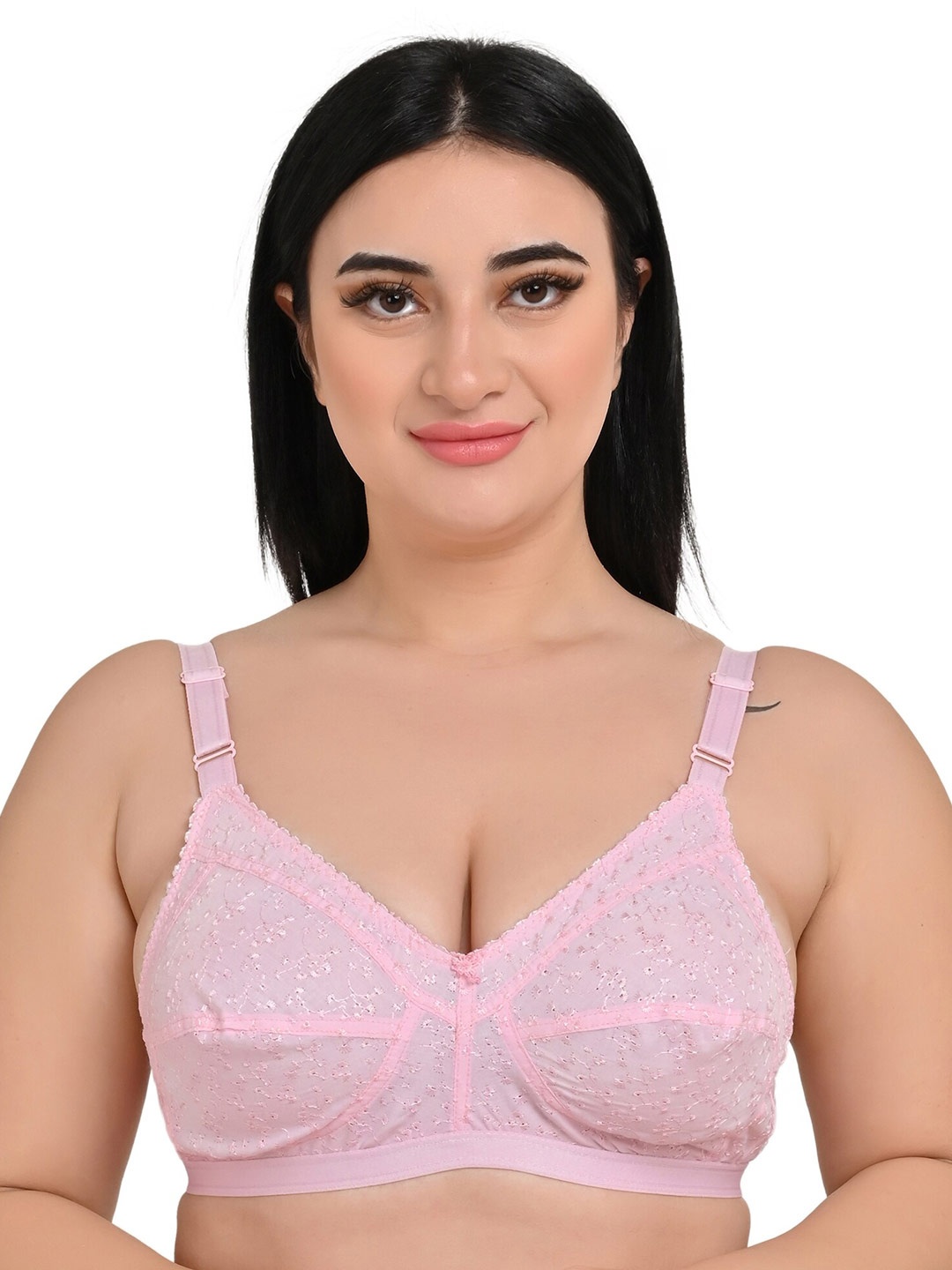 

Piylu Floral Cotton All Day Comfort Full Coverage Super Support Cut & Sew Everyday Bra, Pink
