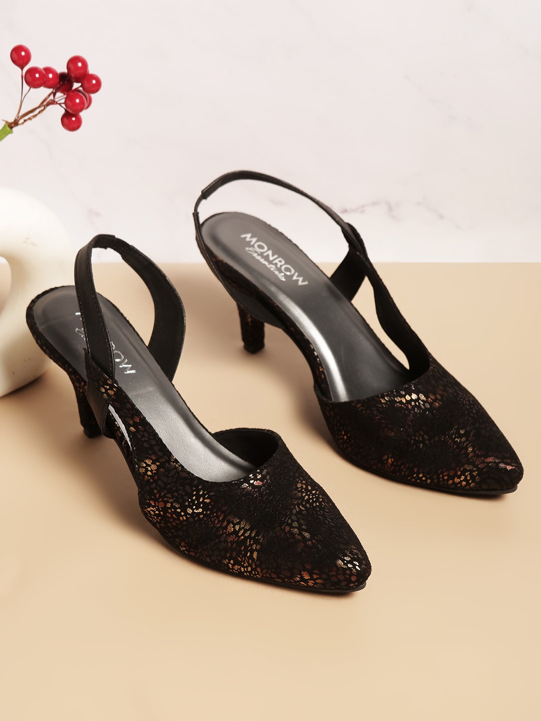 

Monrow Printed Kitten Heel Mules, Black
