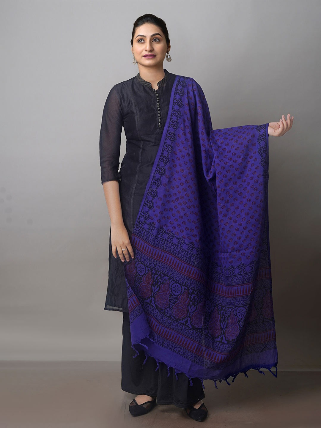 

Unnati Silks Ethnic Motifs Printed Pure Cotton Block Print Dupatta, Blue