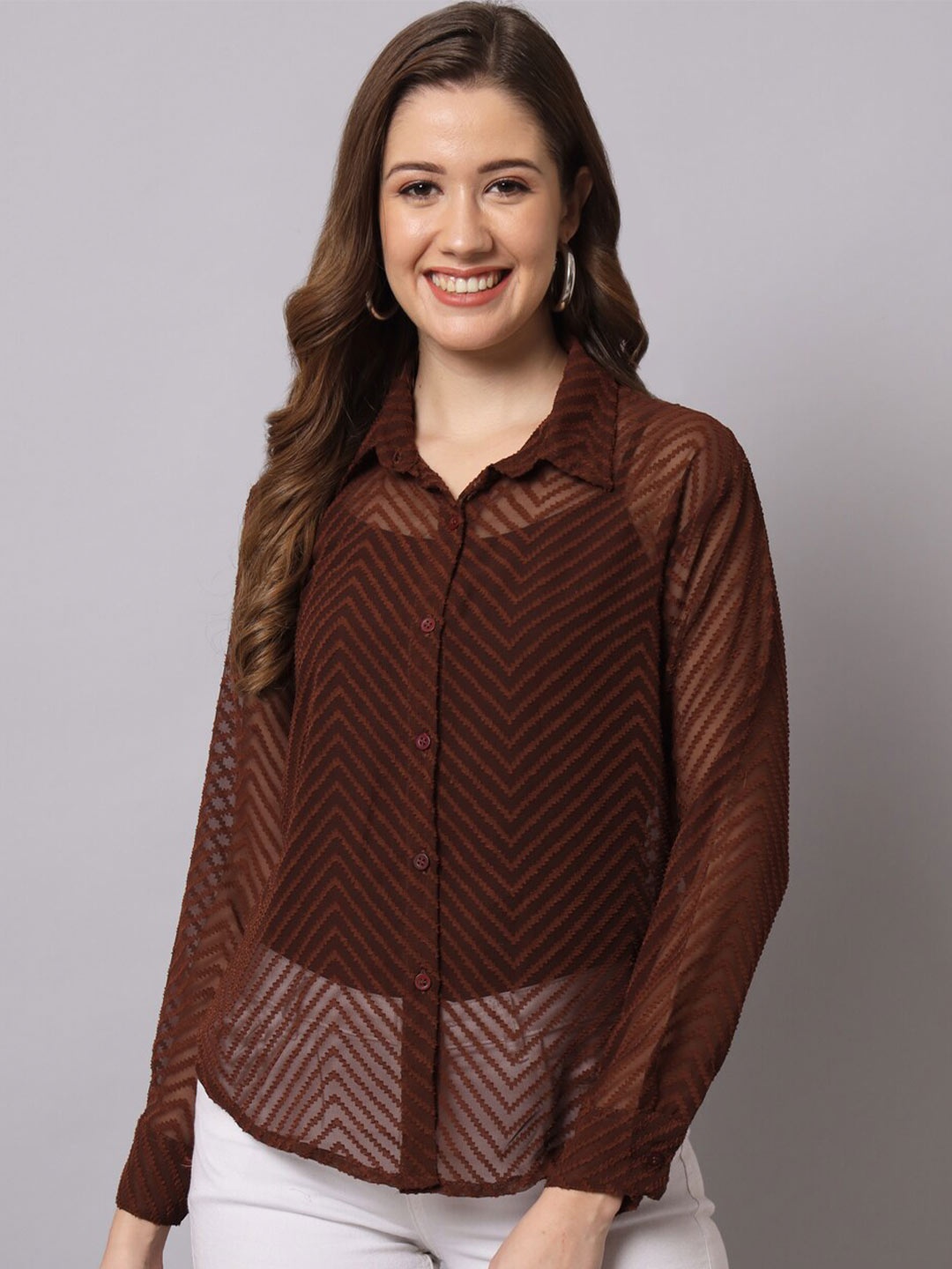 

Funday Fashion Geometric Printed Sheer Casual Gorgette Shirt, Brown