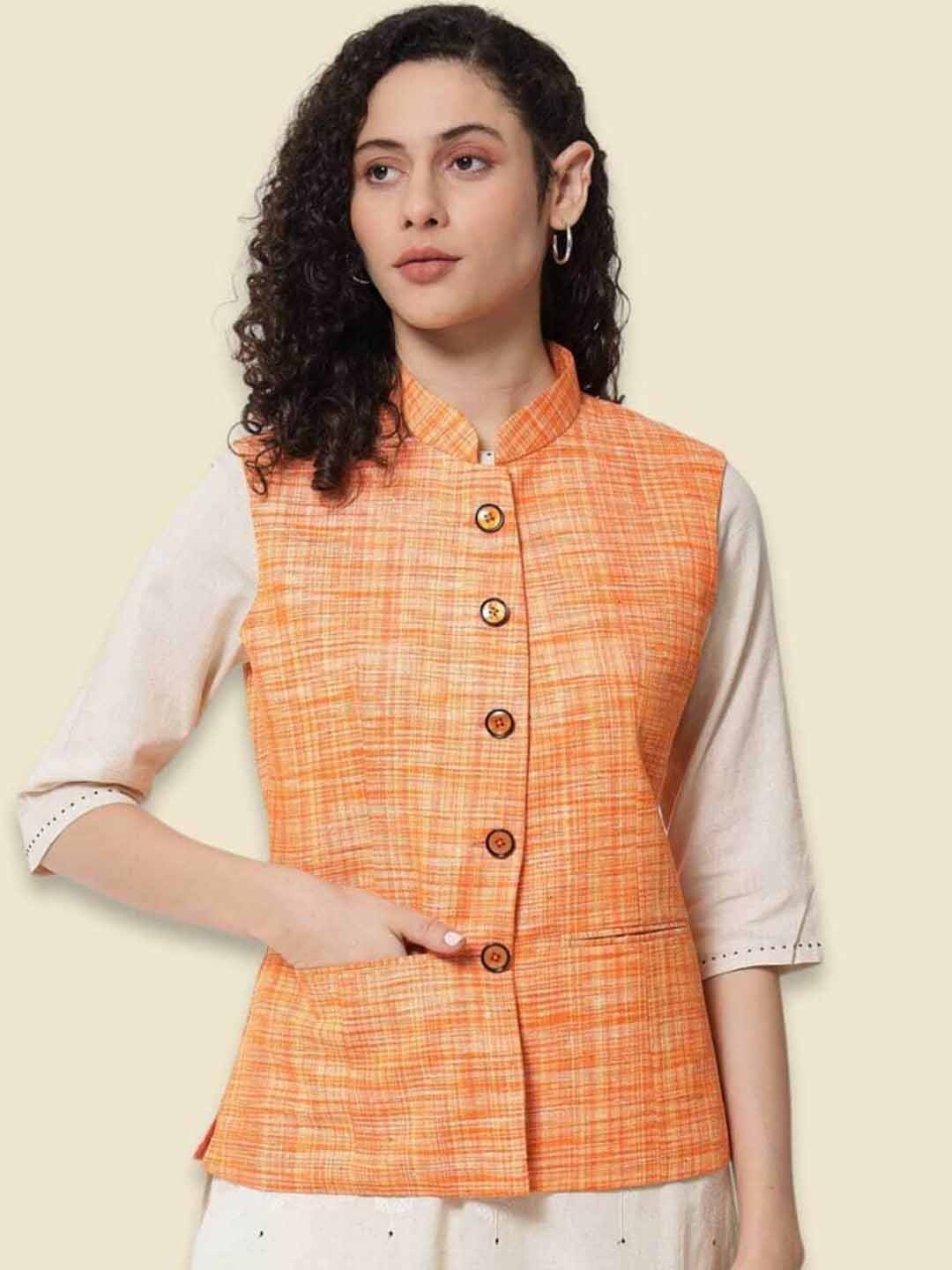 

Vastraa Fusion Women Checked Pure Cotton Nehru Jackets, Orange