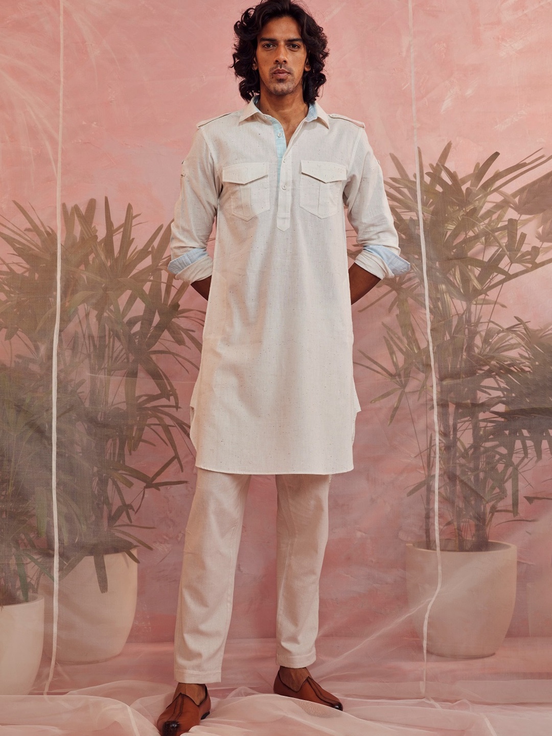 

charkhee Shirt Collar Roll Up Sleeves Pure Cotton Pathani Kurta, White