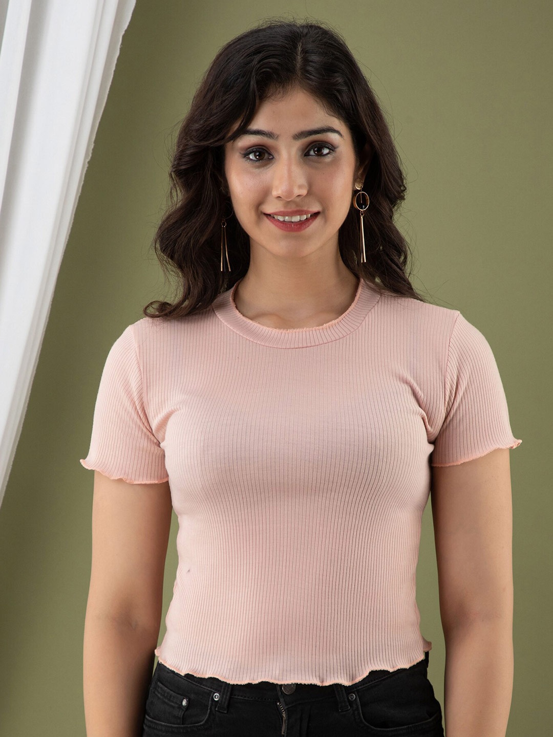 

Mialo fashion Round Neck Short Sleeves Fitted Top, Pink