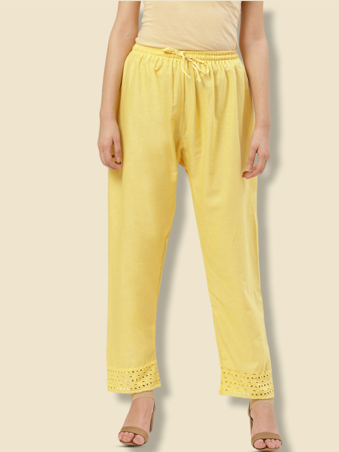 

Women Yellow Solid Straight Ethnic Embroidery Lace Pure Cotton Palazzo