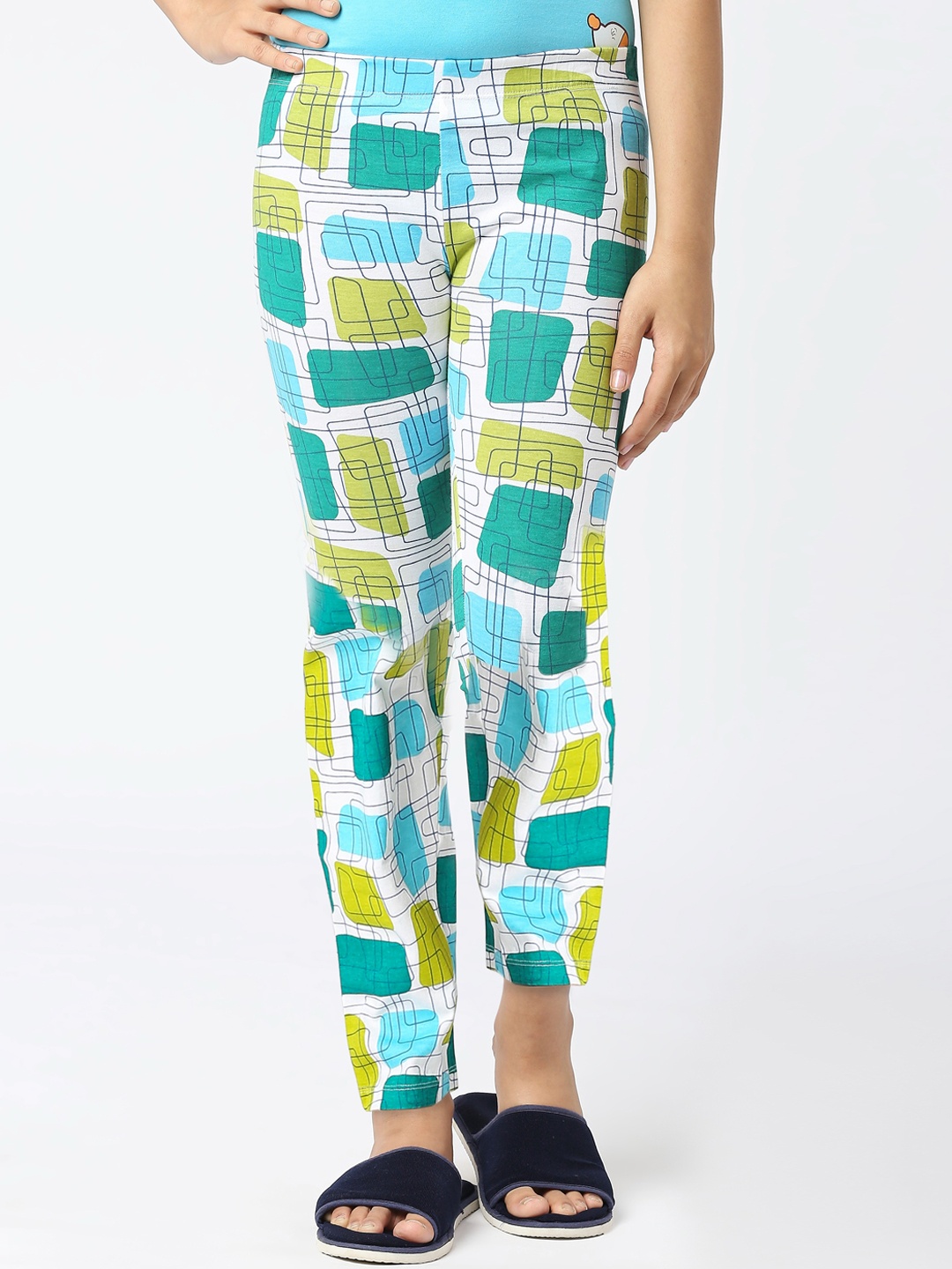 

SINI MINI Girls Mid-Rise Printed Pure Cotton Lounge Pants, Turquoise blue