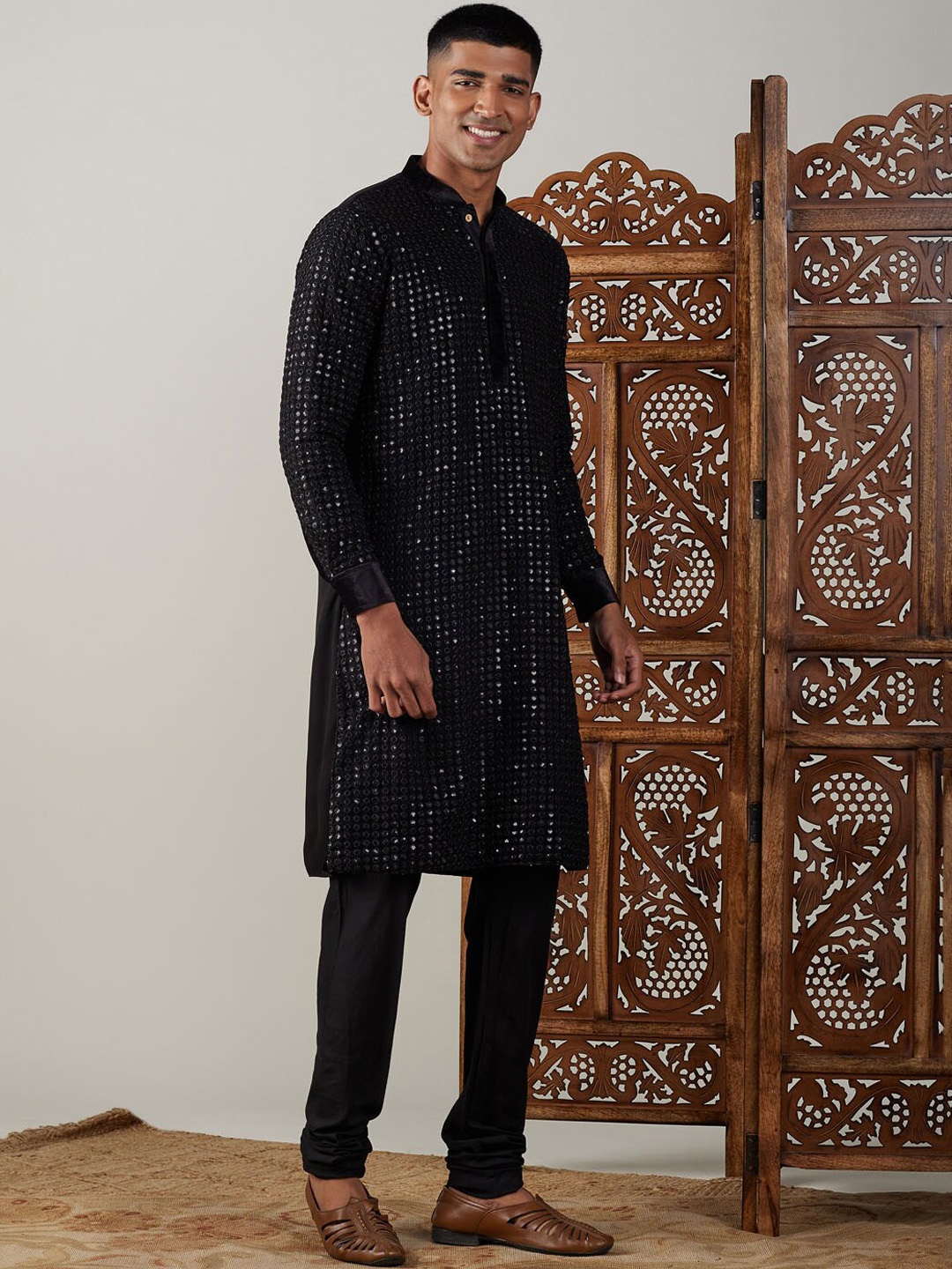 

VASTRAMAY Ethnic Motifs Embroidered Regular Sequinned Kurta With Churidar, Black