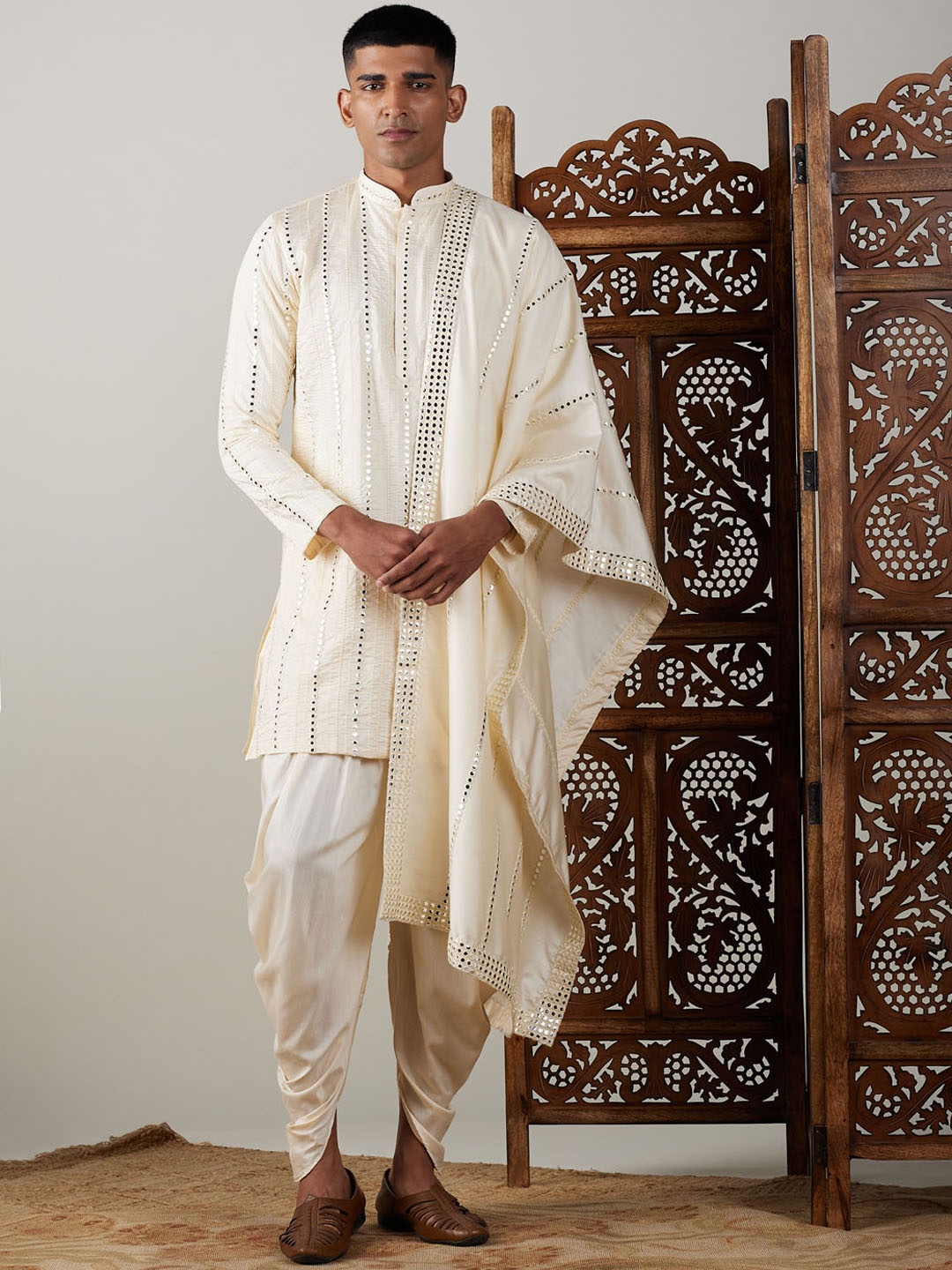 

VASTRAMAY Embroidered Regular Mirror Work Kurta With Dhoti Pants & Dupatta, Cream