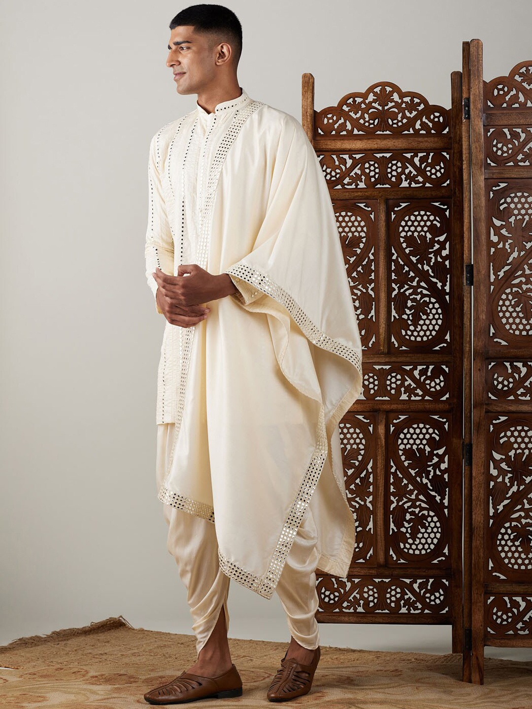 

VASTRAMAY Men Embroidered Mirror Work Kurta with Dhoti Pants & Dupatta, Cream