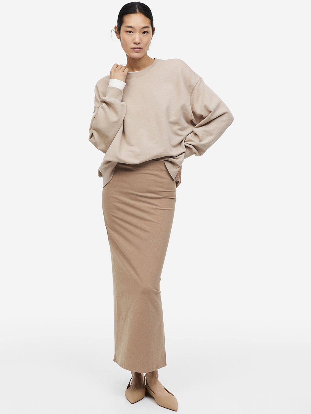 

H&M Long Jersey Skirt, Beige