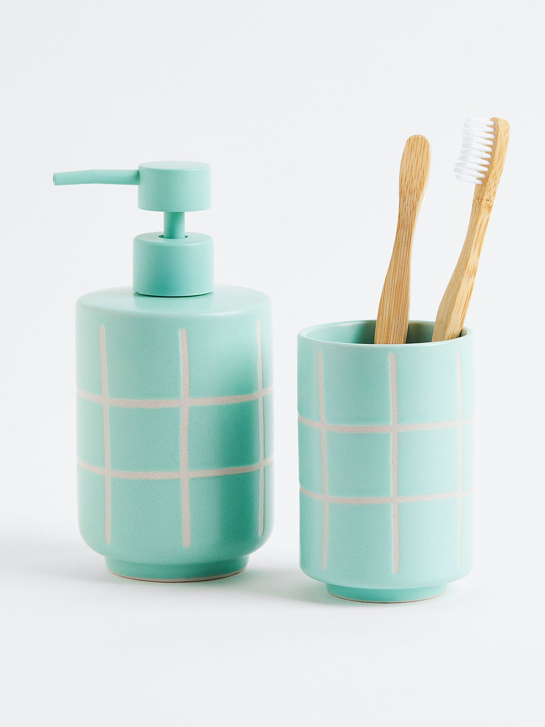 

H&M Sea Green & White 2 PC Stoneware Soap Dispenser