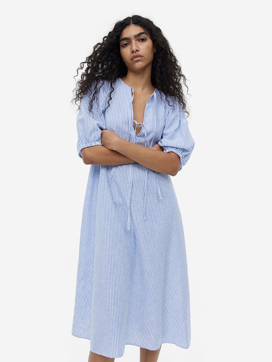

H&M Tie-Detail Linen-Blend Dress, Blue
