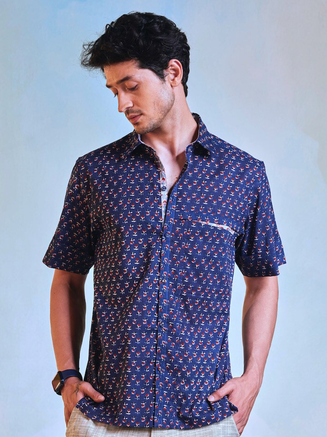 

charkhee Comfort Fit Floral Printed Opaque Casual Pure Cotton Shirt, Navy blue