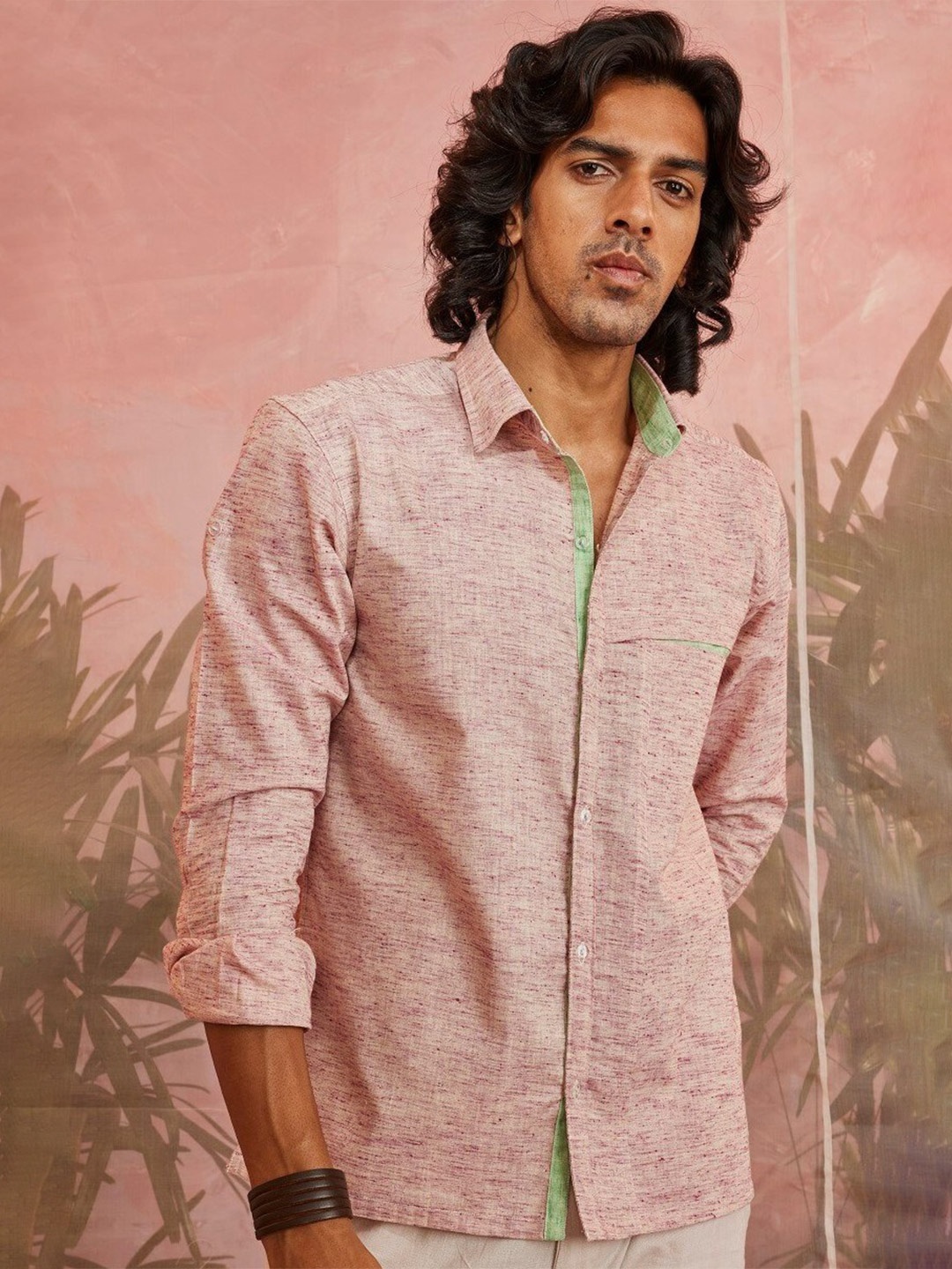 

charkhee Comfort Fit Self Designed Long Sleeves Opaque Casual Shirt, Pink