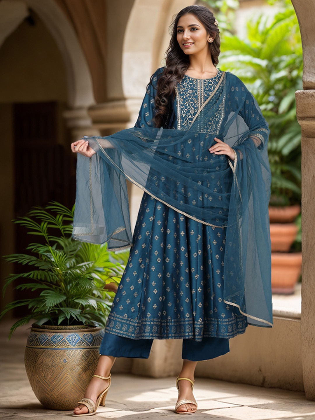 

AHIKA Ethnic Motifs Printed Mirror Work Kurta with Palazzos & Dupatta, Navy blue