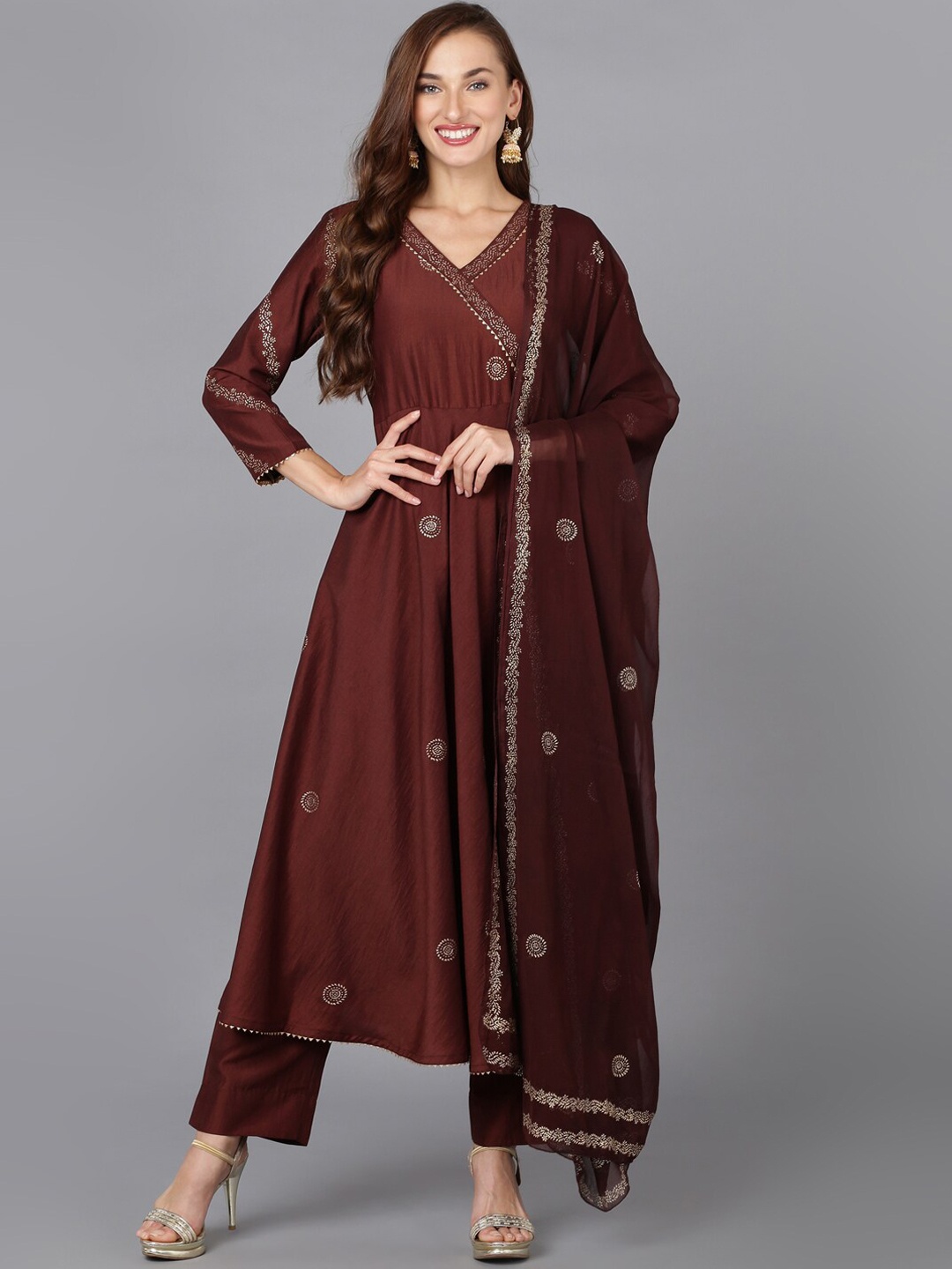 

AHIKA Maroon Ethnic Motifs Printed Gotta Patti Angrakha Kurta with Trousers & Dupatta