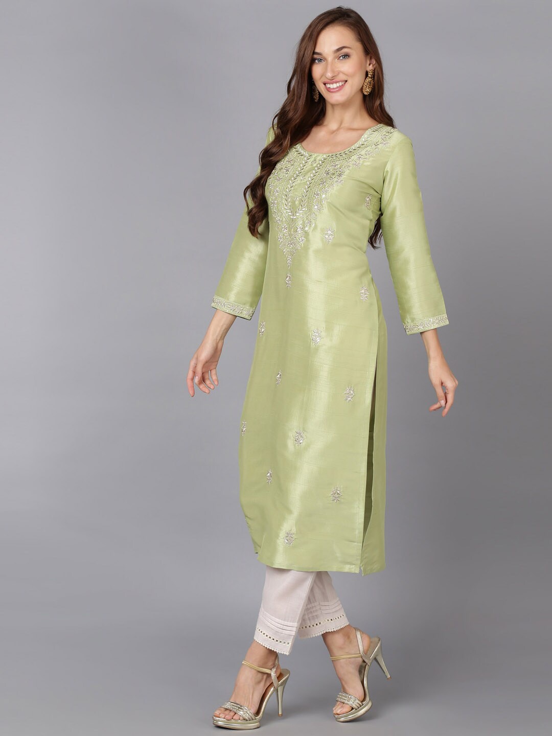 

AHIKA Lime Green & Silver Ethnic Motif Embroidered Sequinned Kurta