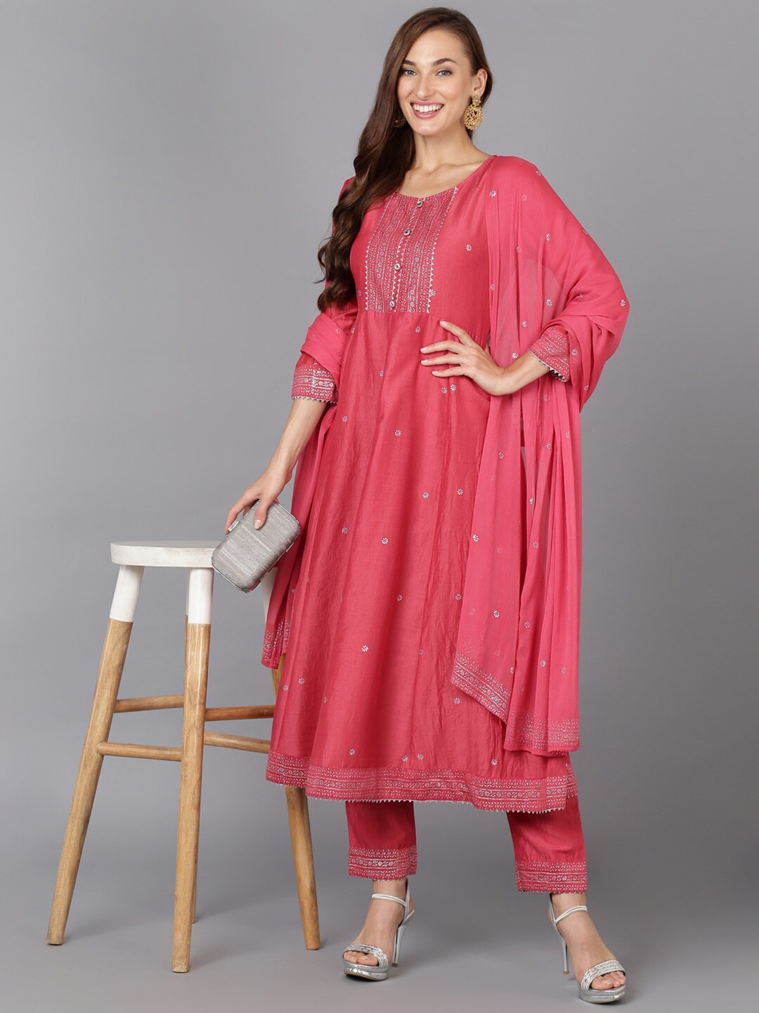 

AHIKA Ethnic Motifs Printed Gotta Patti Kurta with Trousers & Dupatta, Pink