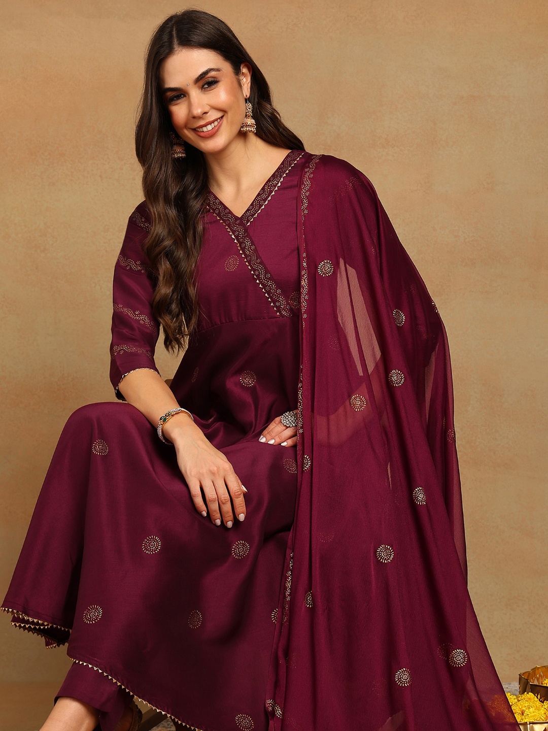 

AHIKA Ethnic Motifs Printed Gotta Patti Angrakha Kurta with Trousers & Dupatta, Burgundy