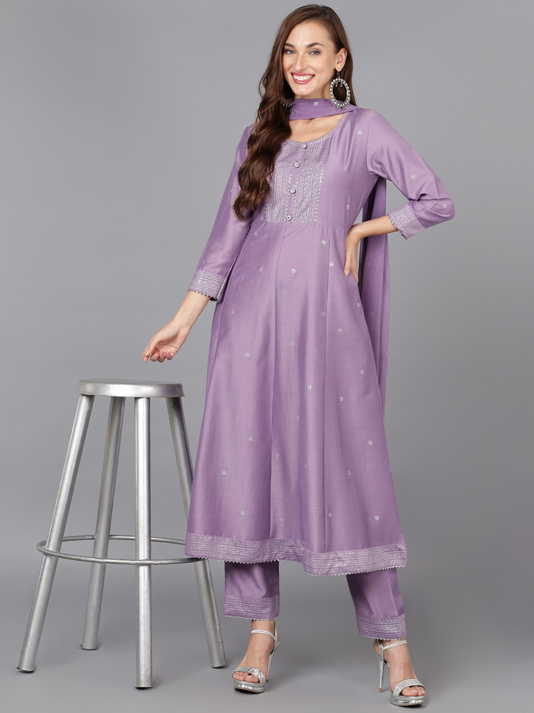 

AHIKA Lavender Woven Design Gotta Patti Anarkali Kurta with Trousers & Dupatta