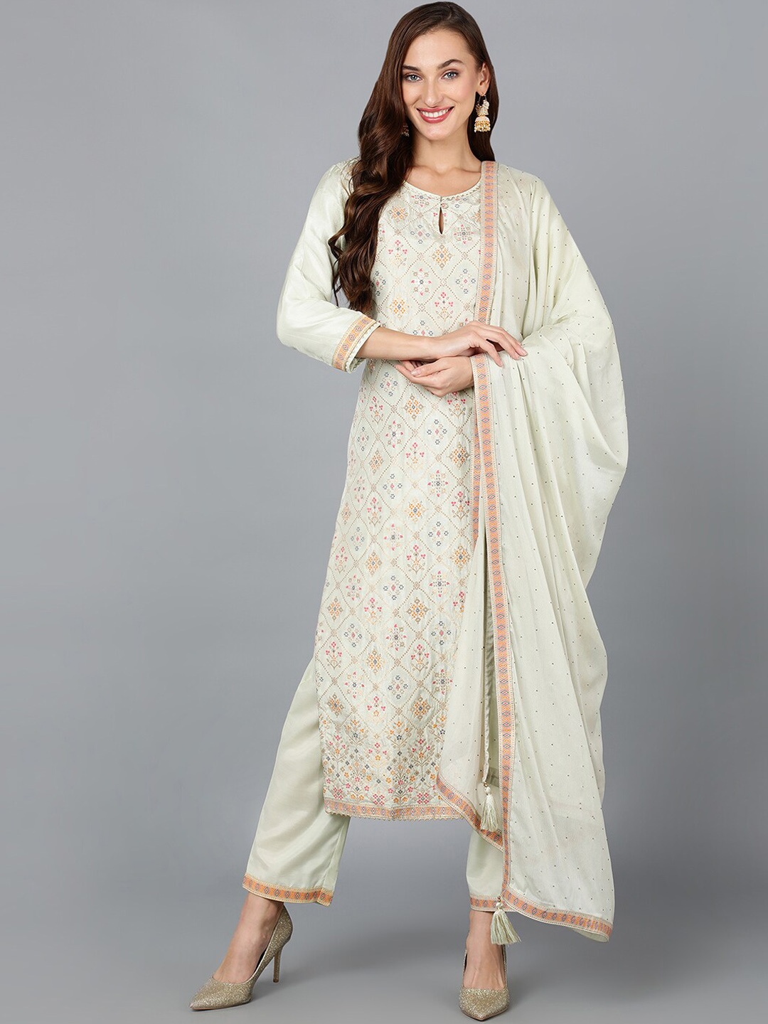 

AHIKA Light Green Woven Design Keyhole Neck Kurta with Trousers & Dupatta, Cream