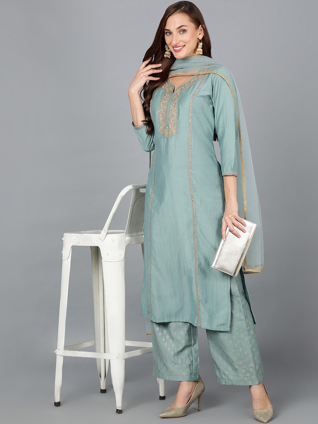 

AHIKA Floral Embroidered Sequined Kurta with Palazzos & Dupatta, Green