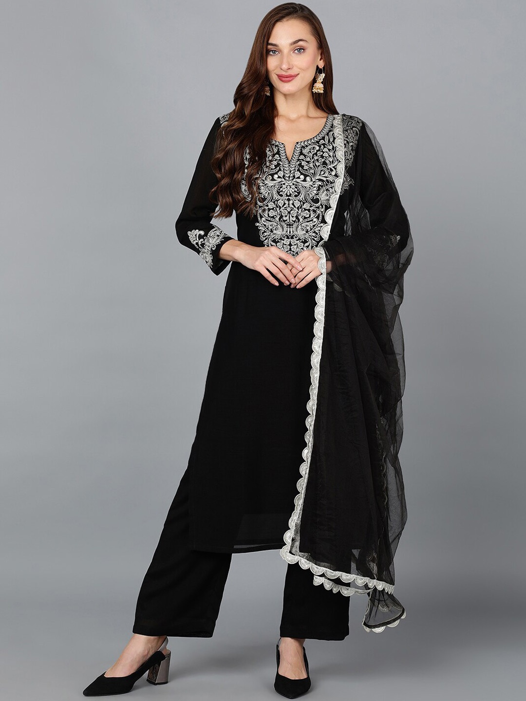 

AHIKA Black Ethnic Motifs Yoke Design Kurta with Trousers & Dupatta