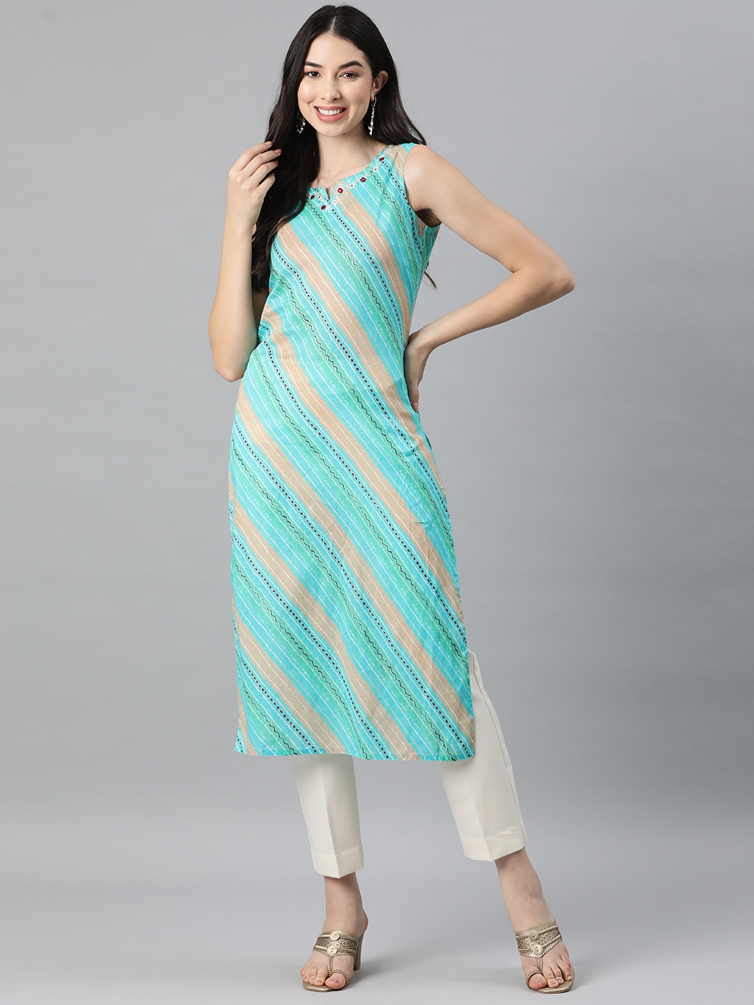 

Ramas Leheriya Striped Mirror Work Cotton Kurta, Turquoise blue
