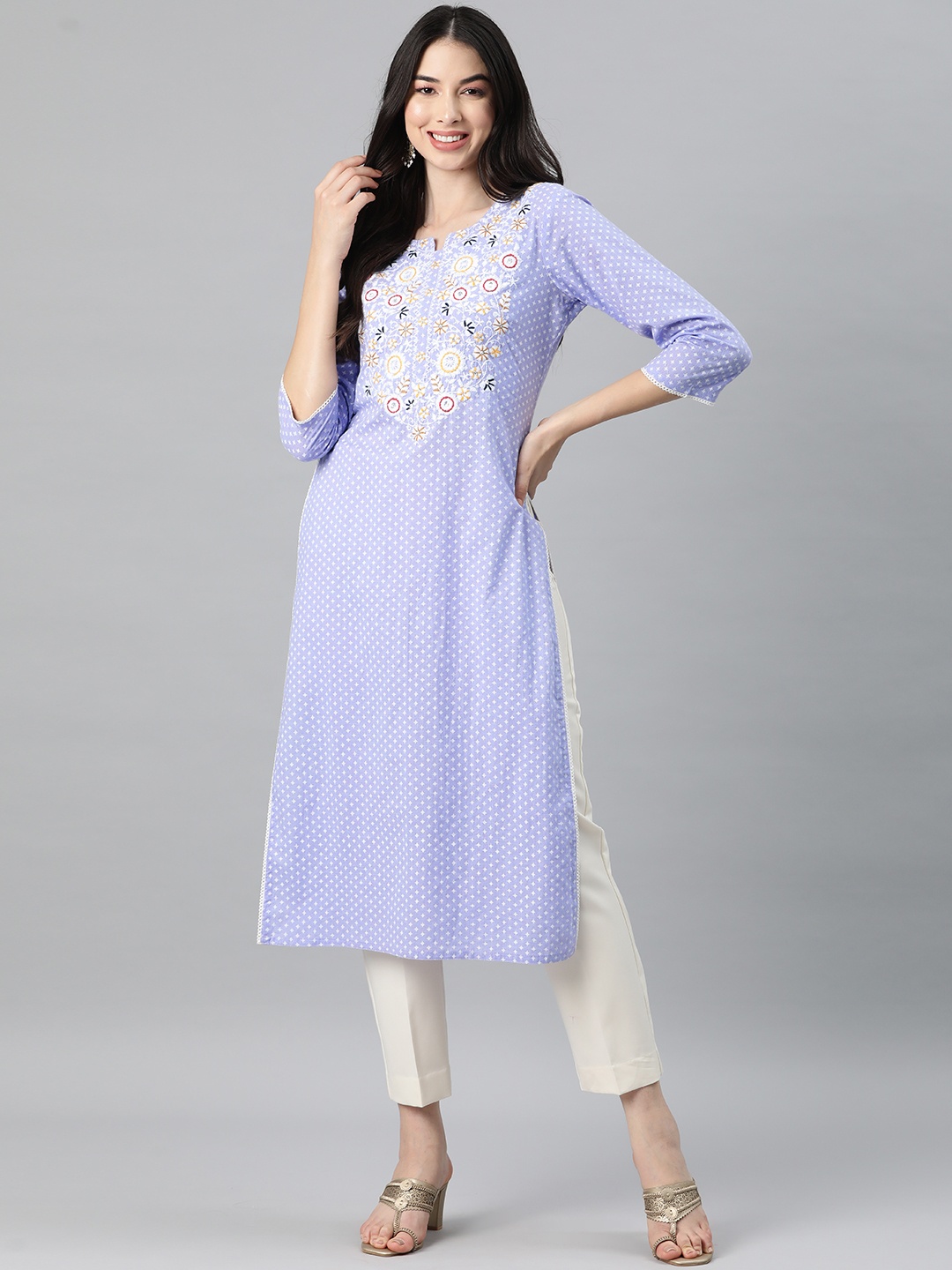 

Ramas Floral Yoke Design Sequinned Cotton Kurta, Lavender