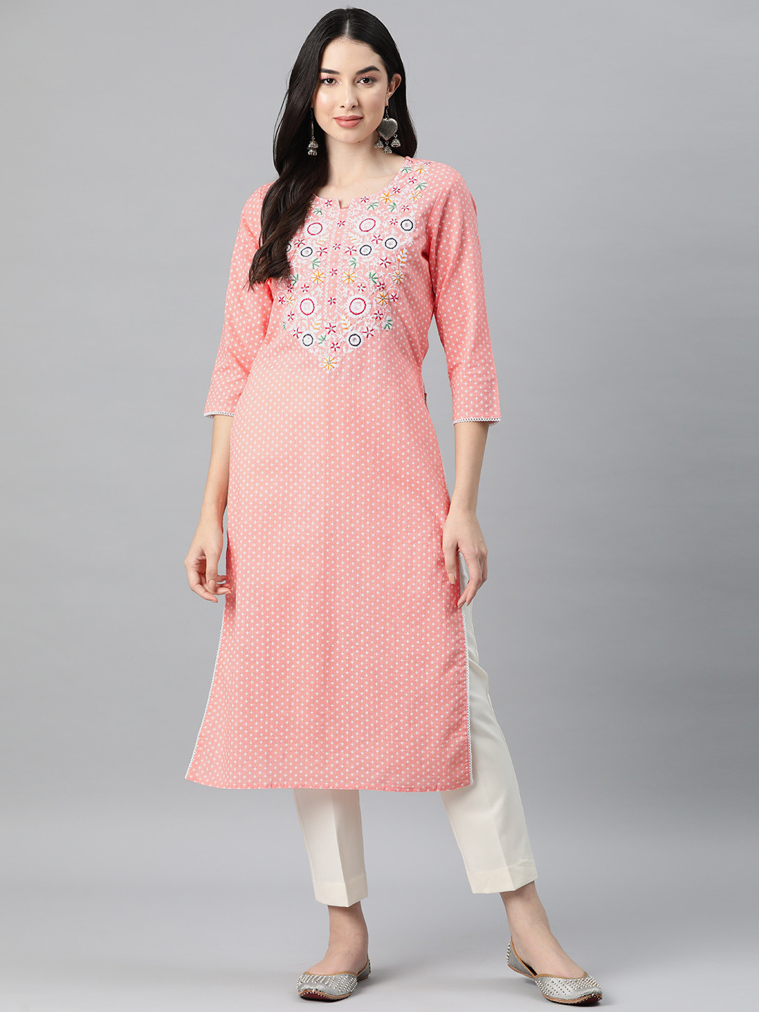 

Ramas Floral Yoke Design Sequinned Cotton Kurta, Peach