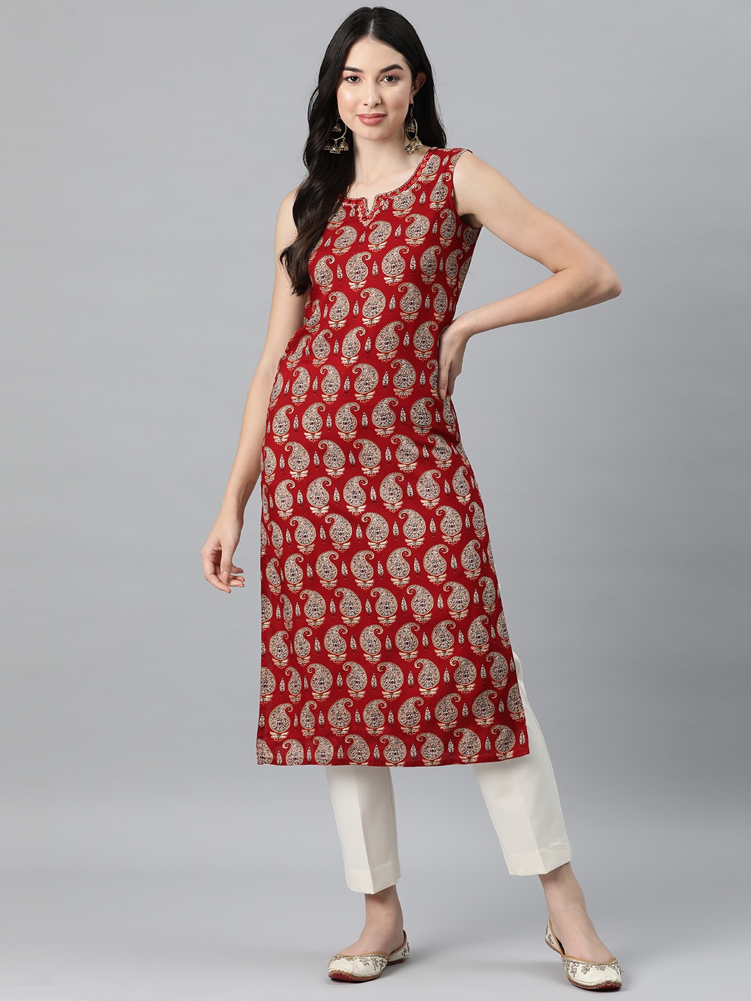 

Ramas Paisley Printed Mirror Work Kurta, Red