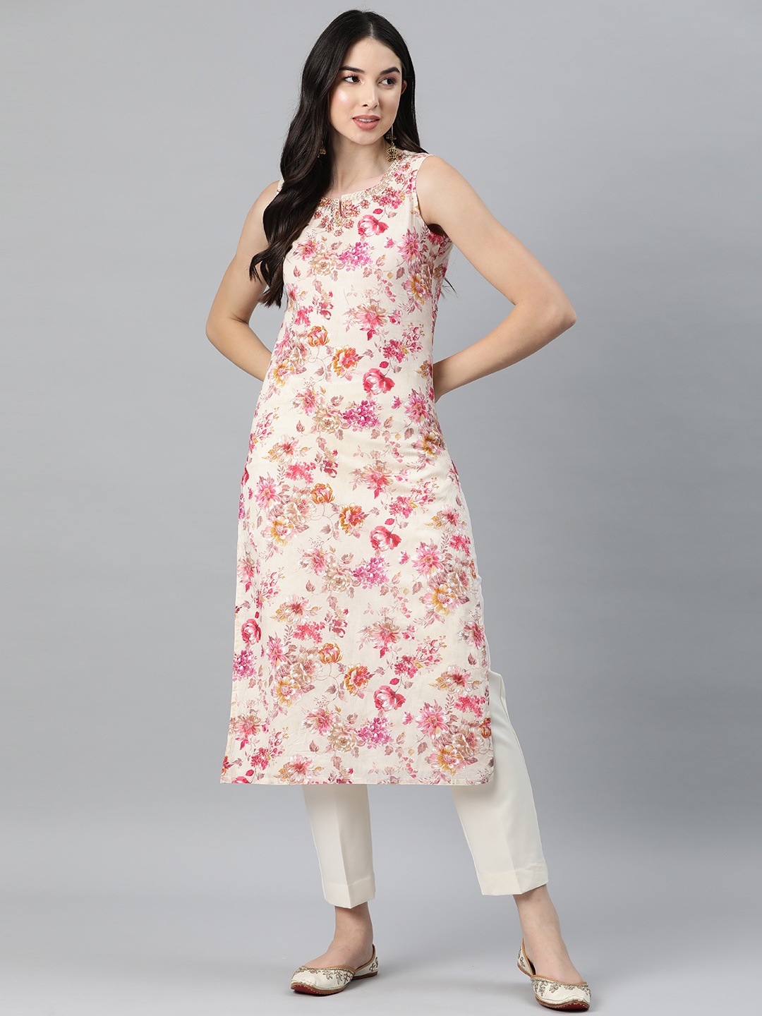 

Ramas Floral Printed Cotton Kurta, Beige