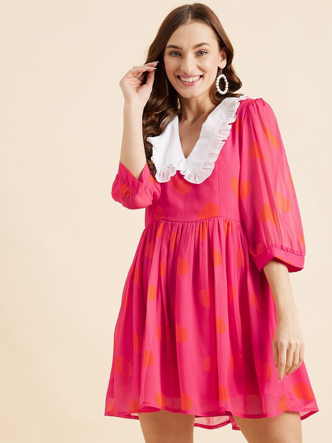 

PANIT Polka Dots Printed Mini Georgette Fit & Flare Dress, Pink