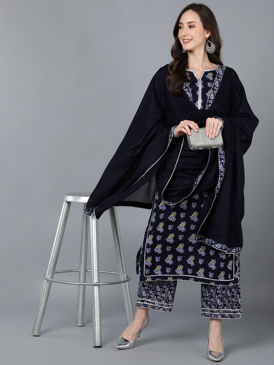 

AHIKA Navy Blue Printed Gotta Patti Pure Cotton Kurta with Palazzos & Dupatta