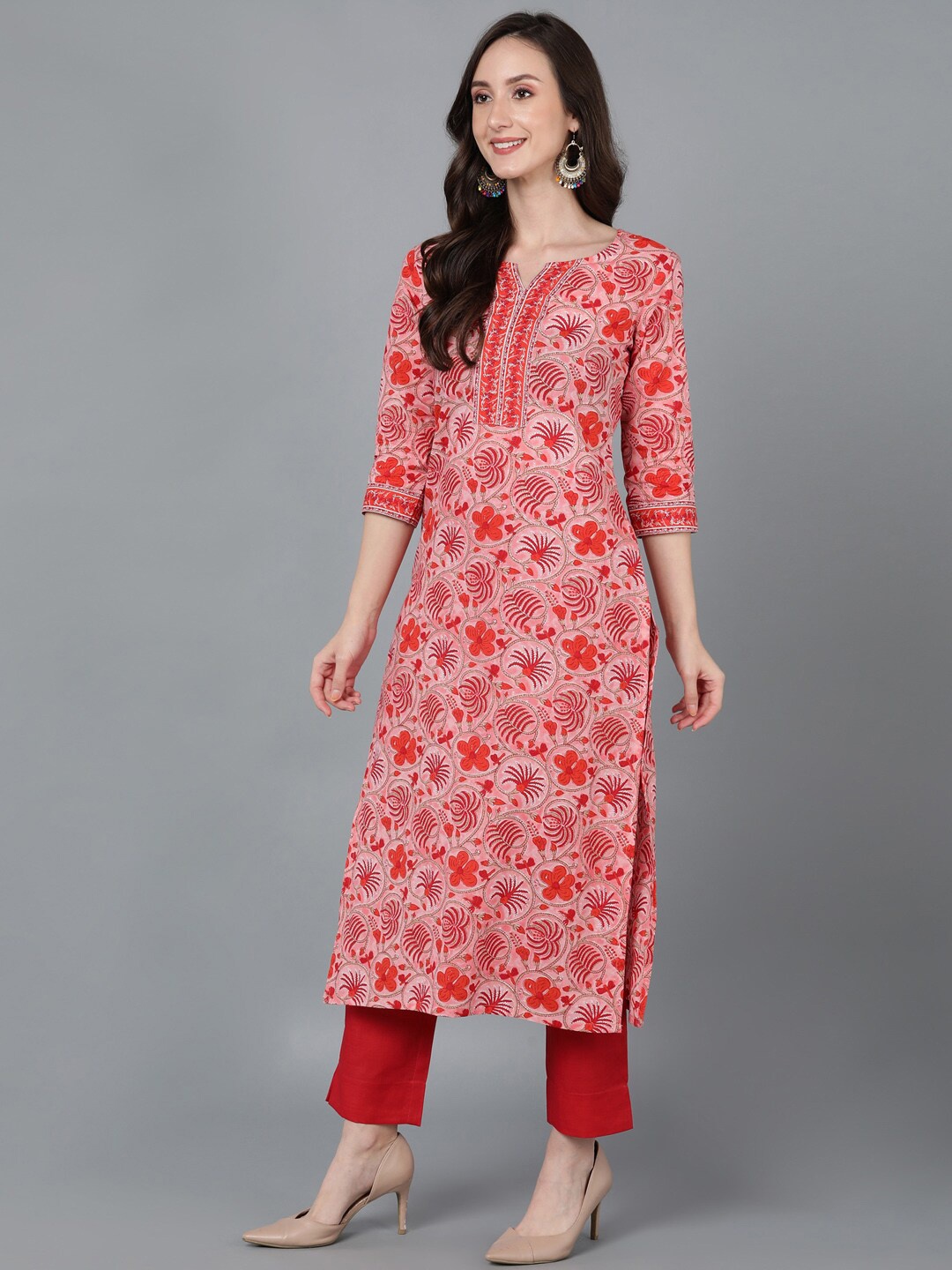 

AHIKA Pink & Red Floral Printed Pure Cotton Kurta with Trousers & Dupatta