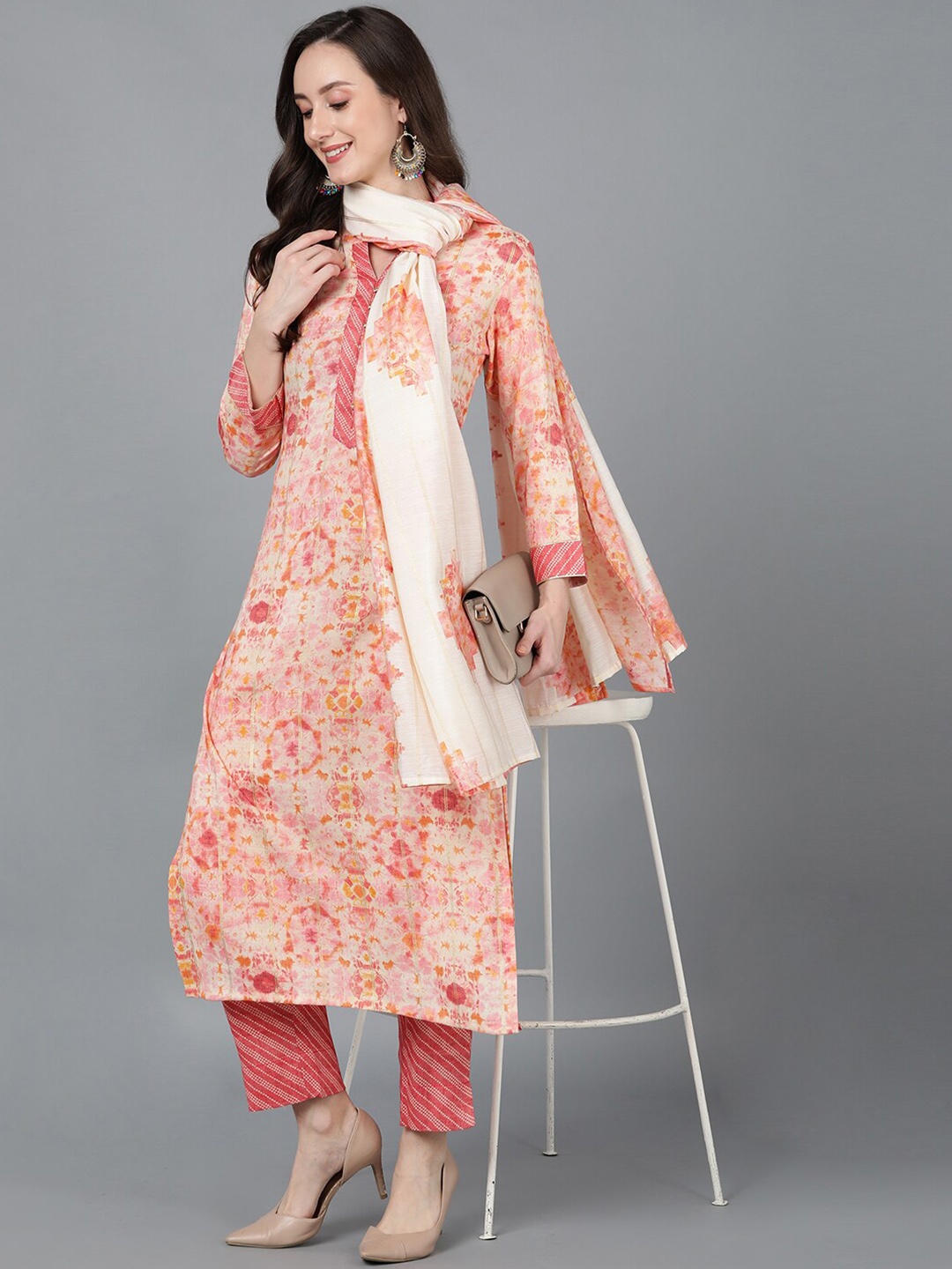 

AHIKA Peach-Coloured Abstract Printed Gotta Patti Kurta with Trousers & Dupatta