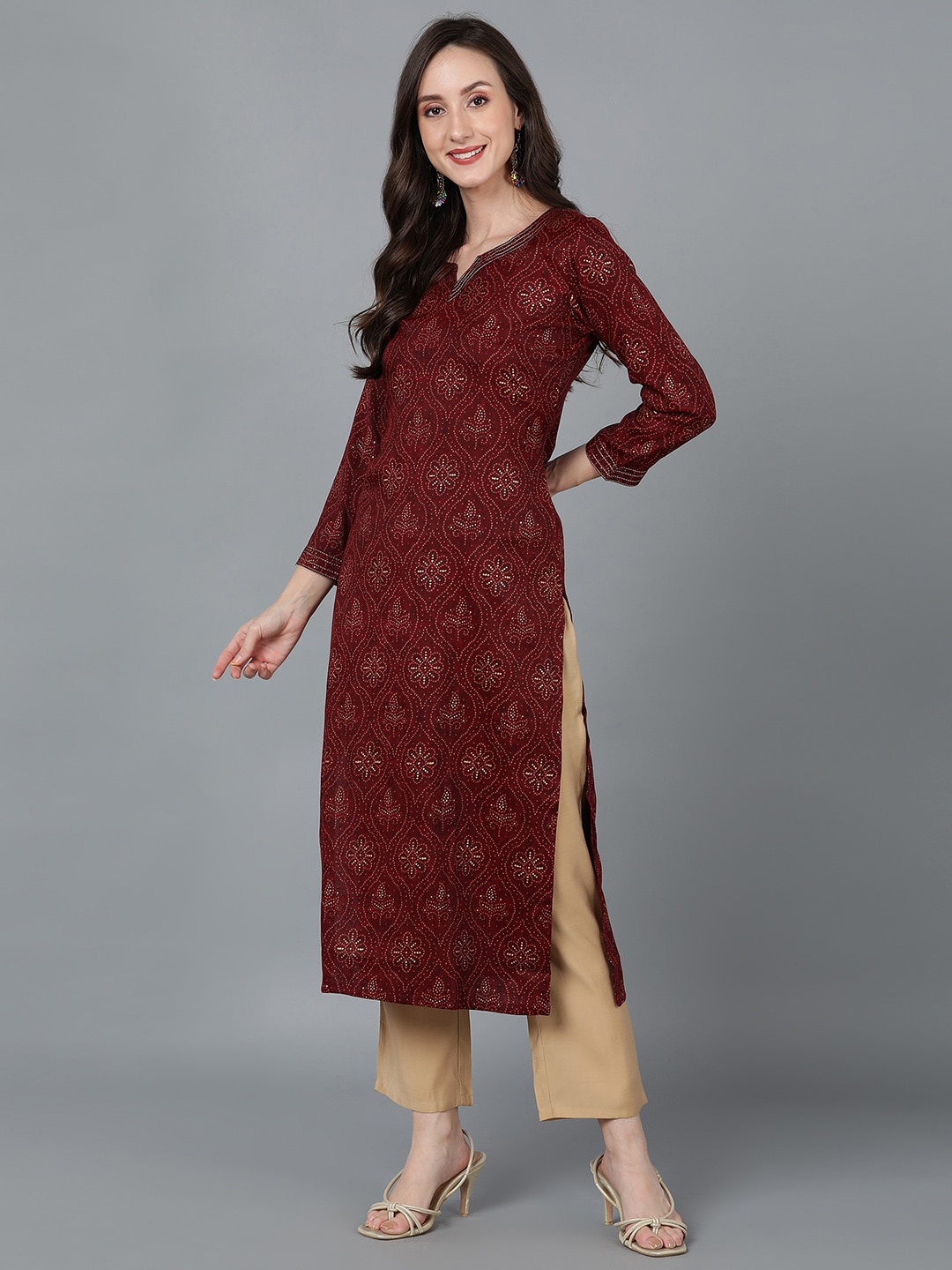 

AHIKA Maroon & Gold Ethnic Motifs Printed Notched Neck Kurta