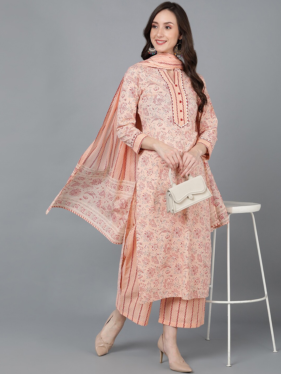 

AHIKA Peach-Coloured & Maroon Floral Printed Pure Cotton Kurta with Palazzos & Dupatta