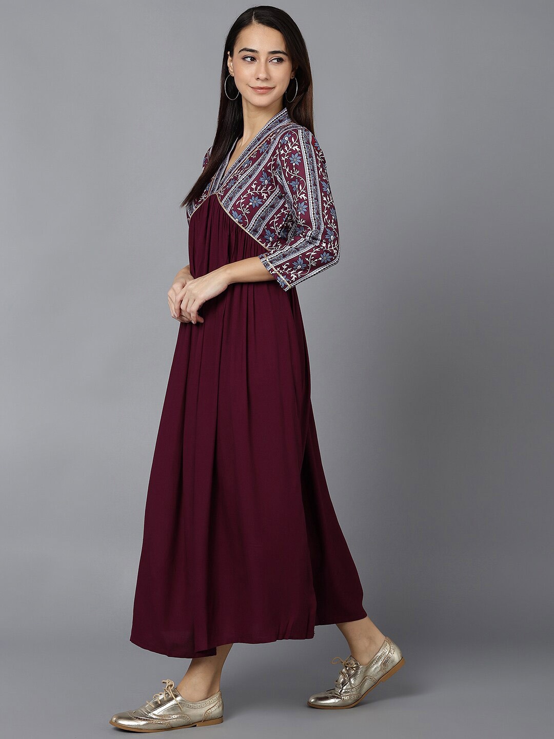 

AHIKA V-Neck Printed Maxi Dress, Burgundy