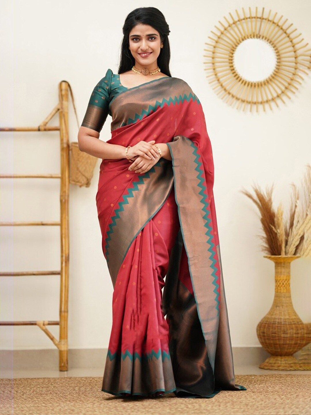 

KALINI Polka Dots Woven Design Zardozi Banarasi Saree, Red