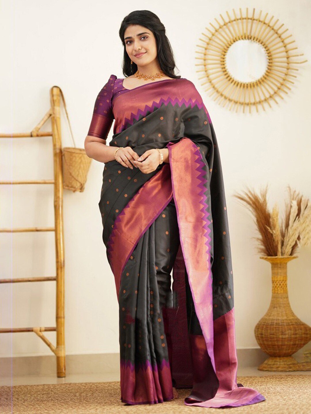 

KALINI Polka Dots Woven Design Zari Banarasi Saree, Black