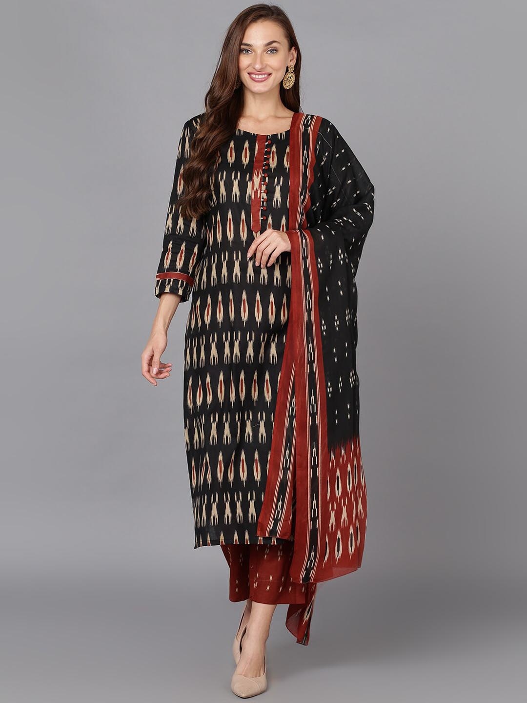 

AHIKA Ethnic Motifs Ikat Printed Kurta with Trousers & Dupatta, Black